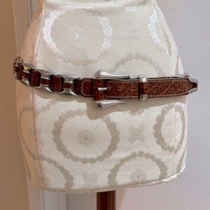 Vintage Leather Brown Unique Silvertone Embellished Woven Heavy Belt